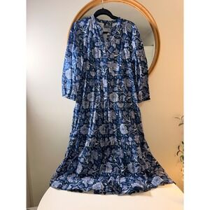 Madison Mathews Maxi Dress Women Large Blue Excellent Floral Tiered Cotton Boho